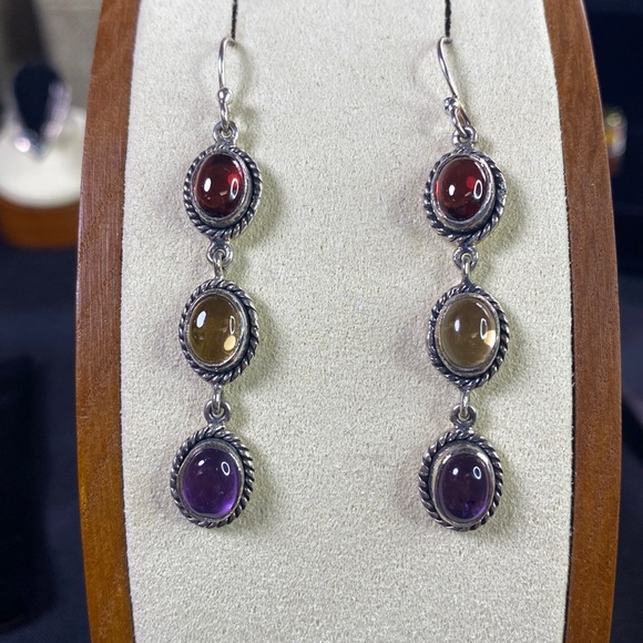 925 Dangling Garnet (2ct) citrine(2ct) &(2ct)amethyst earrings retail price $260 - Picture 1 of 3
